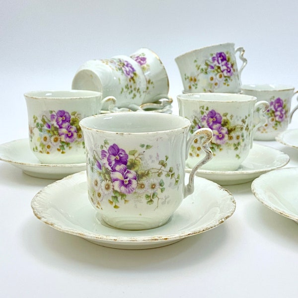 Antique set of 10 Victorian tea cups and saucers, porcelain tea set with pansies and marigolds decor, gold details