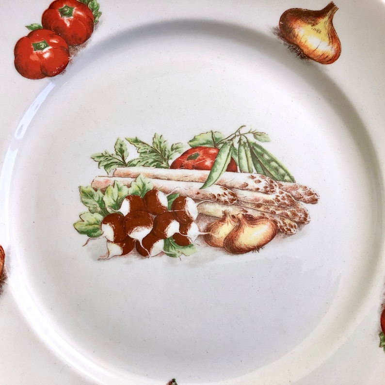 Moulin des Loups vegetable dinnerware Set of six 6 Vintage French dinner plates with vegetable decoration