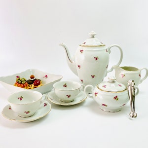 Vintage porcelain tea set for two, pink rosebud pattern, traditional high tea, 1930s porcelain cups and teapot