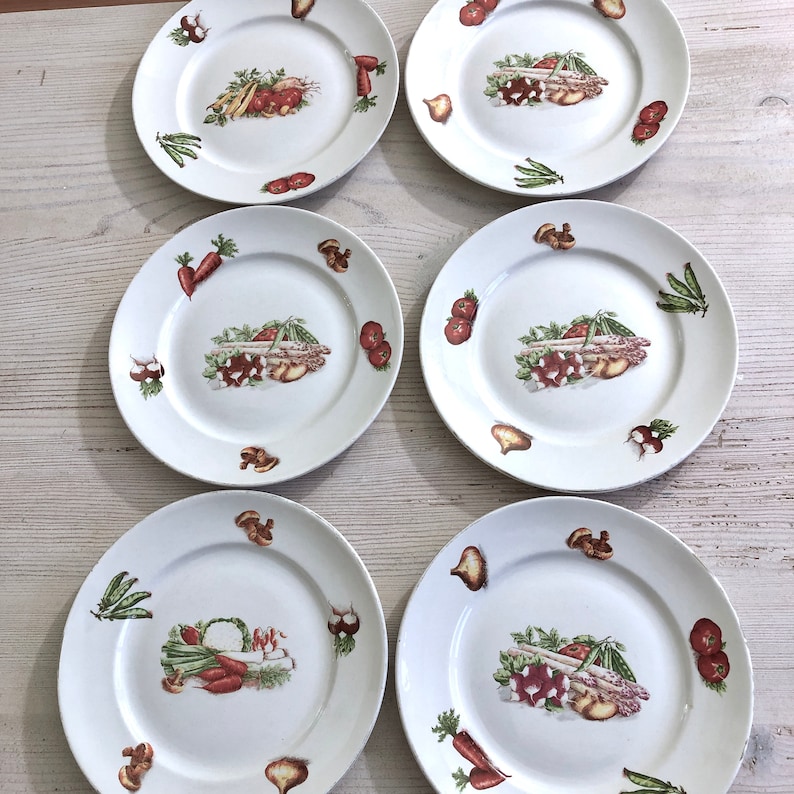 Moulin des Loups vegetable dinnerware Set of six 6 Vintage French dinner plates with vegetable decoration