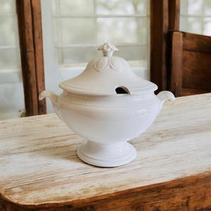 Antique French white ironstone tureen,  Empire shape patinated tureen with lid