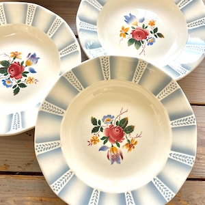 Vintage French set of 6 Sarreguemines deep plates,  blue white stripes, floral decor, pattern Claude