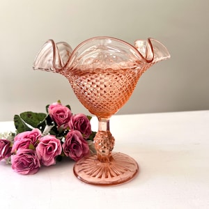 Vintage Ivima Portugal pink glass candy or dessert dish,  diamond point pressed glass, footed sugar bowl