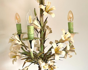 Vintage Italian tole flower chandelier, green leaves, white lilies, three lights, new wiring