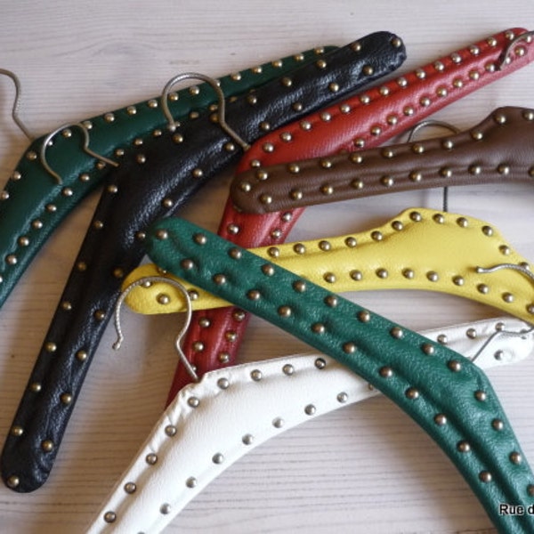 Set of 7 retro coat hangers, colored vinyl covered coat hangers with decorative studs, 1970s coat hangers