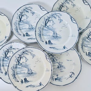 Set of 6 antique French dinner plates by Gien, Marines pattern, 1875, blue & white French dinnerware, seaside, beach, boat theme