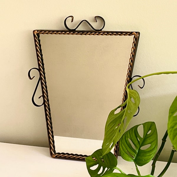 Vintage French mirror, black and gold wrought iron mirror, iron scrollwork frame