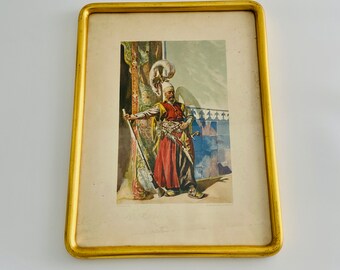 Vintage country house decor 19th c watercolor reproduction of an Ottoman mameluke in gilded frame