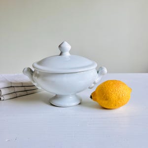 Vintage ironstone small tureen, sauce or soup bowl with lid, white stoneware kitchen decor
