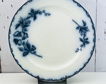 Antique flow blue serving platter, large round cake plate,  pattern Etruria by Société Céramique, antique dinnerware