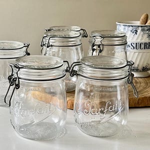 Vintage set of 2 French preserve jars with wire closure, Le Parfait glass kitchen jar with lid, storage pots