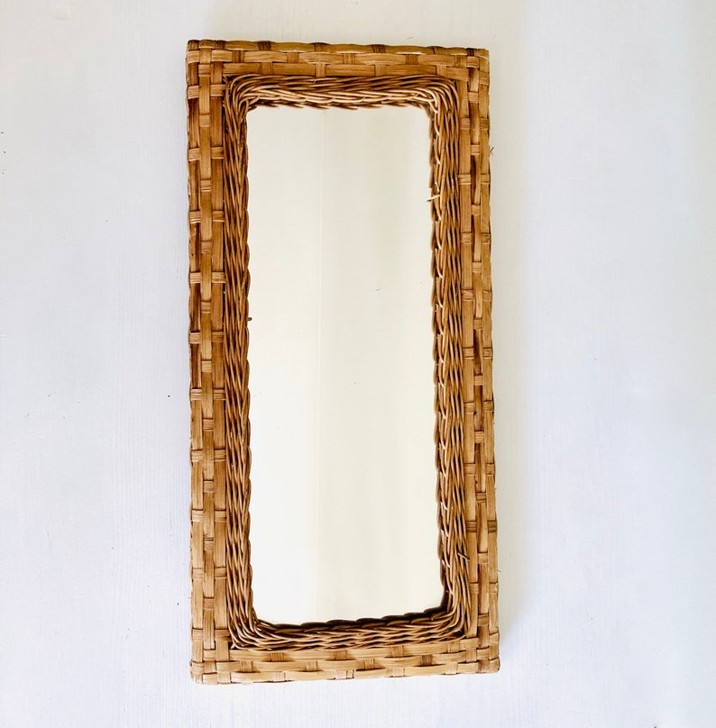 Vintage wicker frame mirror mid century rectangular rattan Etsy
