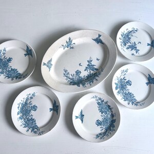 Op de afbeelding: Een set wit keramieken servies met een blauw transferware patroon van rozen en vogels. De collectie bestaat uit één grote ovale schaal en vijf ronde borden, allemaal versierd met hetzelfde blauwe bloemen- en vogelmotief op wit.