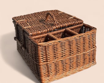 Vintage Wicker Picnic Basket with Bottle Holders