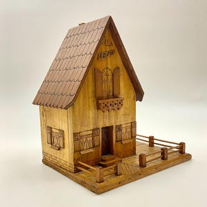 Vintage handmade wood money bank, house shape piggy bank, coin ban, wooden money box