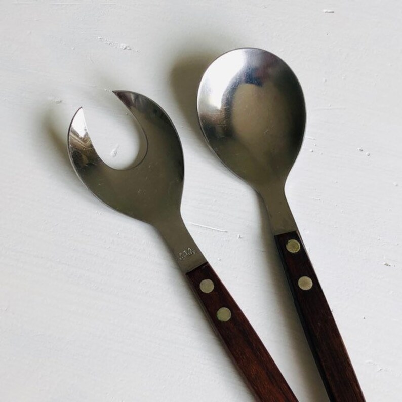 Home Living Vintage Salad Servers Mid Century German Stainless Steel And Wood Salad Serving Set Dining Serving