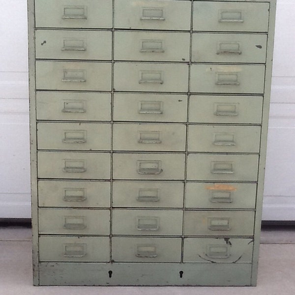 RESERVED FOR LIEKE1966 Vintage Mid Century Modern Steel Shabby Industrial 27 Drawer File Apothecary Curio Cabinet