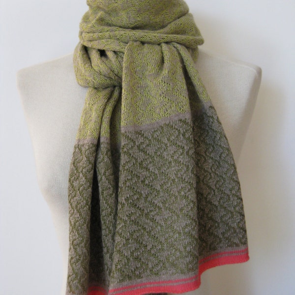 Handmade cashmere scarf/ knitted cashmere scarf / patterned scarf/ womans scarf/lime scarf with olive+coral borders
