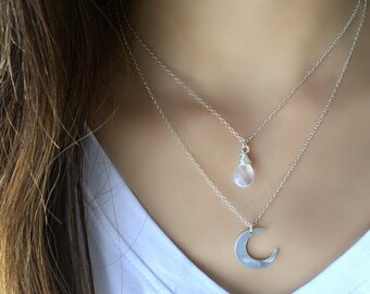 layered moonstone necklace 925 sterling silver moon necklace moonstone jewelry celestial moon rainbow moonstone jewelry moon jewelry gift