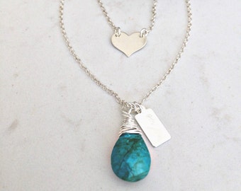 layered turquoise necklace personalized heart necklace silver heart necklace heart jewelry layered turquoise necklace turquoise jewelry gift