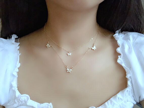 Download Layered Butterfly Necklace Cubic Zirconia Butterflies 14k Gold Etsy