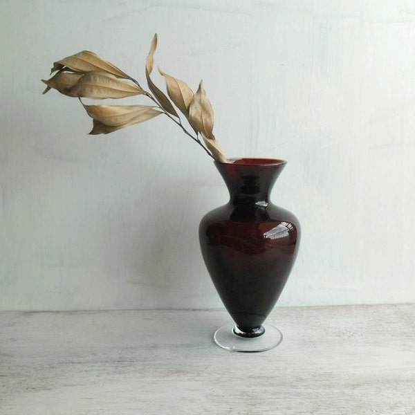 Flowers glass vase - burgundy red - winter home decor