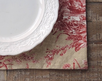 Waverly Red and Beige Toile Lined Placemats Set of 4 La Petite Ferme French Farmhouse Style Table Linens Custom Order