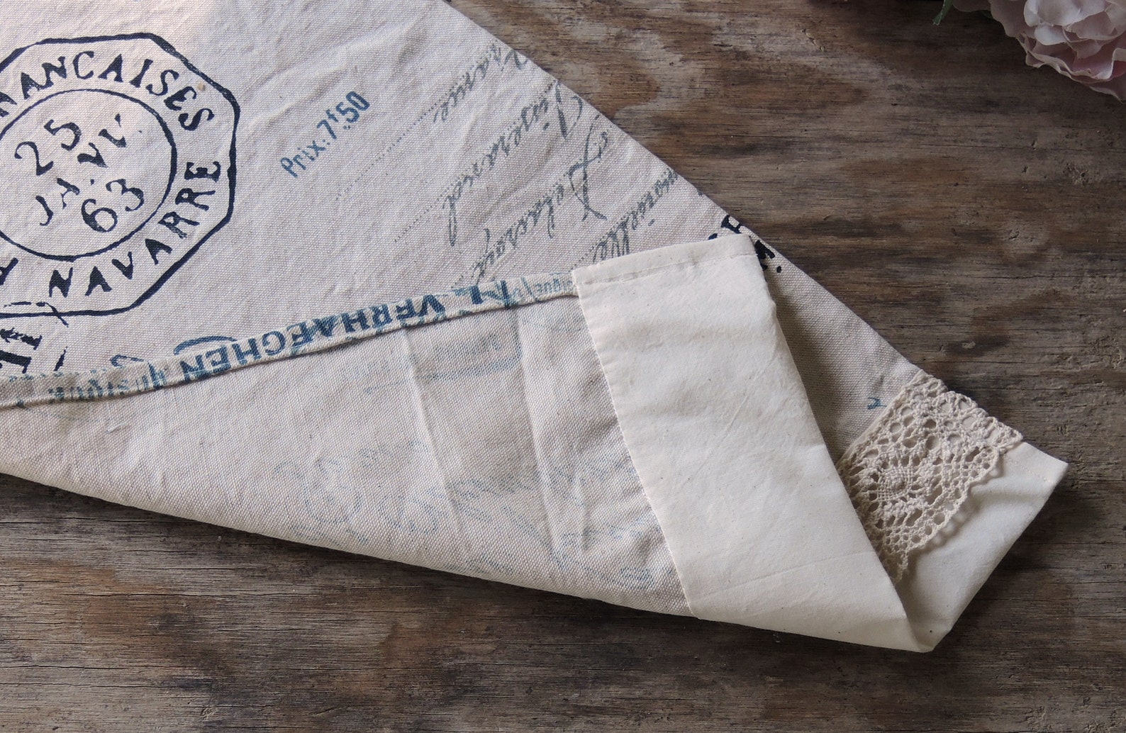 French Script Lace Trimmed Tea Towel Small Hand Towel French Etsy