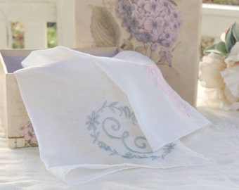 Gorgeous Antique Cotton Embrodiered Monogrammed E Hankie, Weddings, Choice of Pink or Gray