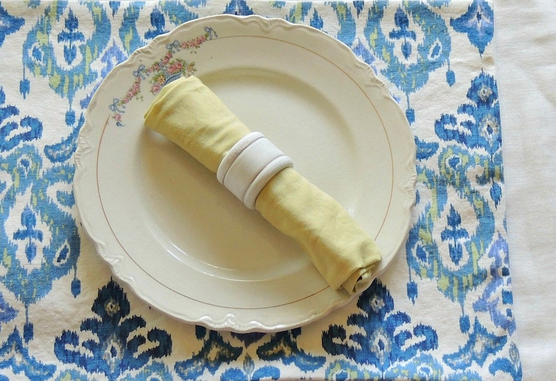 Blue Set of 4 Romantic Farmhouse and White Green Custom Order Cotton Ikat Tribal Lined Placemats Cottage Style Modern Shabby Chic