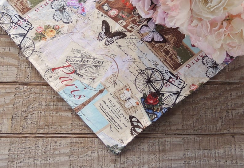 French Postcard Labels Lined Cotton Small Table Runner Spring Home Decor Custom Order Dresser Scarf