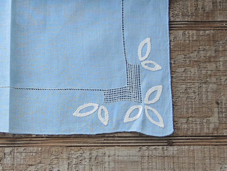Gorgeous Blue Cotton Hankie with White Applique Accents Something Blue for the Bride