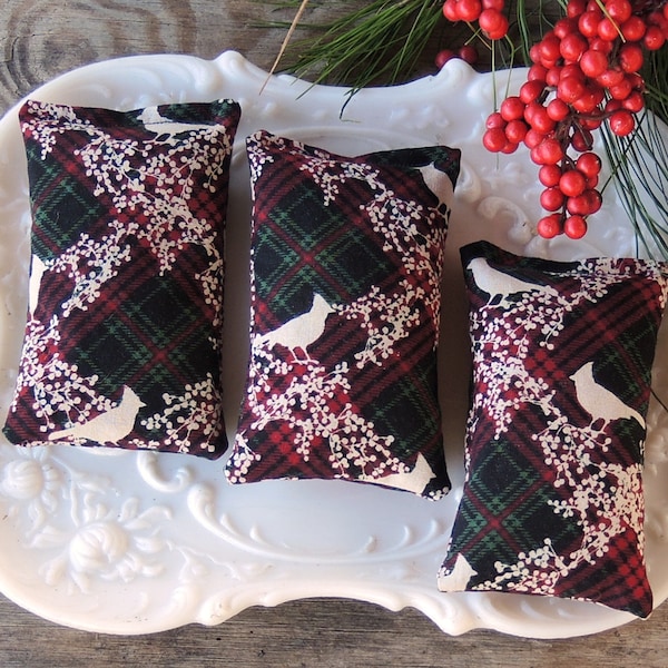 Plaid and Birds Balsam or Lavender Sachets Set of 3 Christmas Sachets