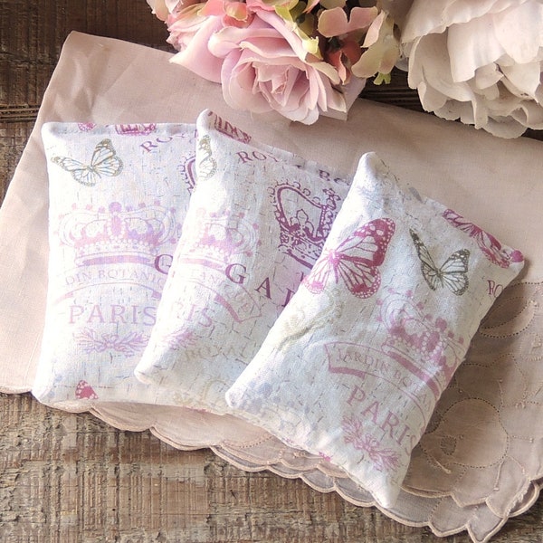 Pink Script Butterflies Lavender Sachets Set of 3, French Country, Cottage Style Chic, Bridesmaid Gifts, French Wedding Custom Order