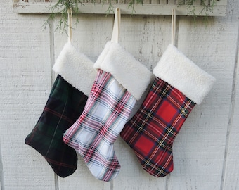 Lumberjack Jane Flannel Christmas Stockings with Sherpa Cuff Choice 1 of 3 Red, Navy, or White Plaid Lined Stockings Collection 1