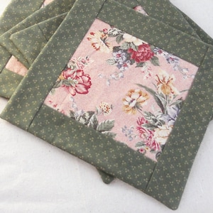 Pink and Green Quilted Placemats Set of 4 Mug Rugs Table Mats Olive Green and Pink Floral