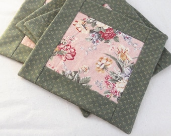 Pink and Green Quilted Placemats Set of 4 Mug Rugs Table Mats Olive Green and Pink Floral