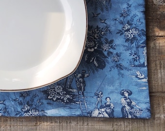 French Country Blue and Navy Toile Lined Placemats Set of 4 Custom Order Table Mats Table Decor