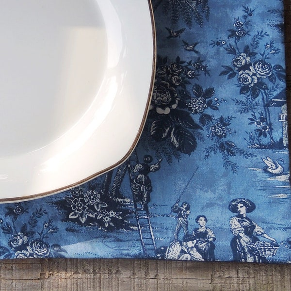 French Country Blue and Navy Toile Lined Placemats Set of 4 Custom Order Table Mats Table Decor