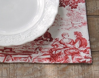 French Country Red and Cream Toile Lined Placemats Set of 4 Custom Order Table Mats Table Decor Stof Impressiones de Nature