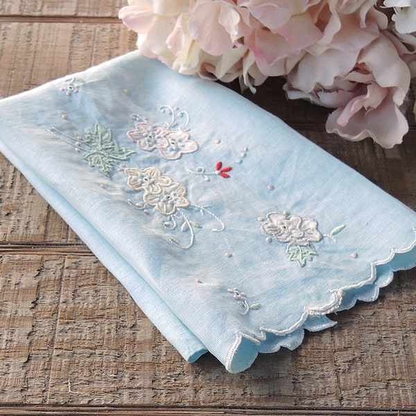 Tea Towel Blue Embroidered Floral Cotton Fingertip