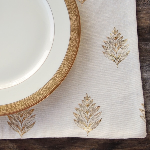 Modern Cream and Gold Metallic Leaves Placemats Set of 4 Table Mats Custom Order Holiday Table Decor