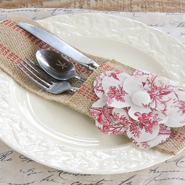 Burlap Red White Toile Flower Silverware Sleeve Striped Jute Home Decor