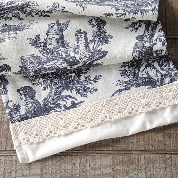 Waverly Black and Beige Toile Lace Trimmed Tea Towel Small Hand Towel French Farmhouse Linens