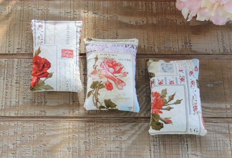 French Script and Roses Lavender or Balsam Sachets Set of 3, Bridesmaid Gifts Organic Lavender, Lavender Pillows, Natural Aroma Therapy image 2