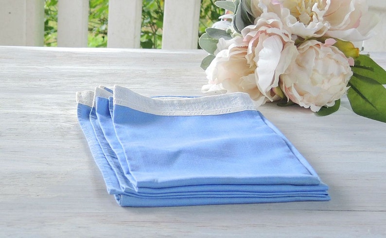 Vintage Mismatched Shabby Cottage Chic Blue and Cream Linen Napkins Set of 4, Dinner napkins, Square Napkins, Table Linens image 4