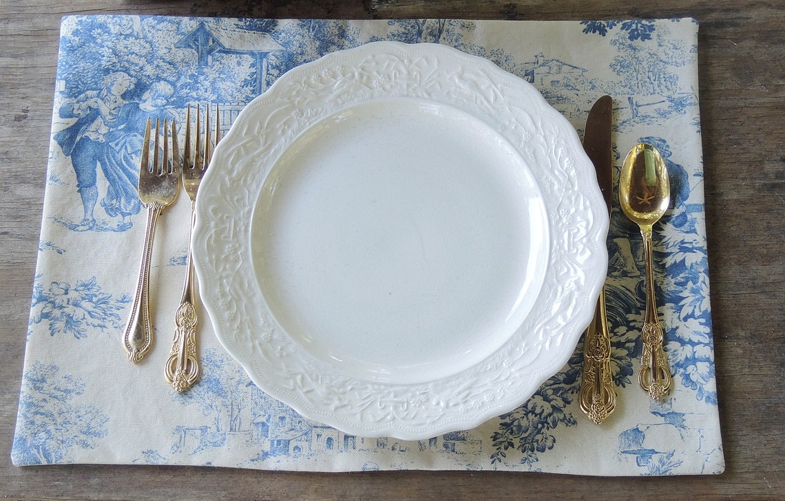 Toile Placemats Set of 4 Blue and Cream Toile Lined Placemats Etsy