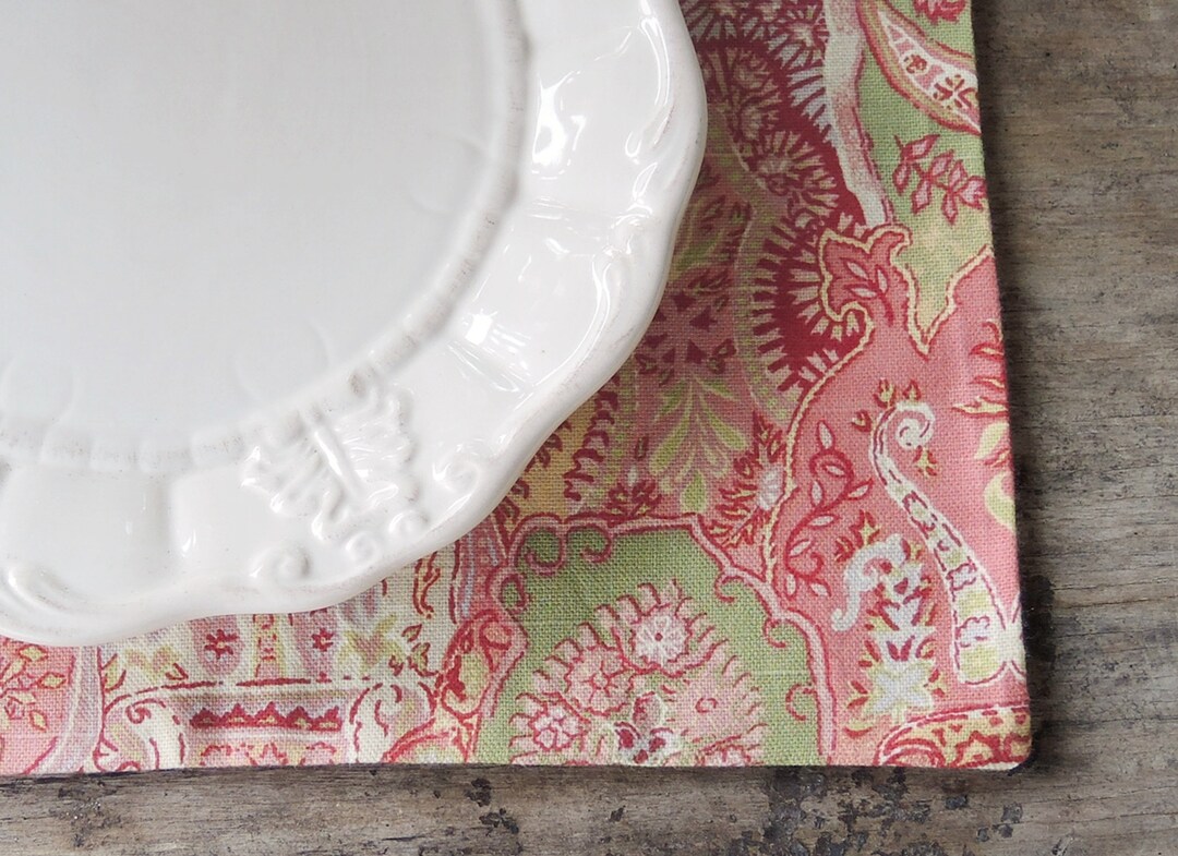 Peach and Green Paisley Lined Cotton Placemats Set of 4 Summer Modern