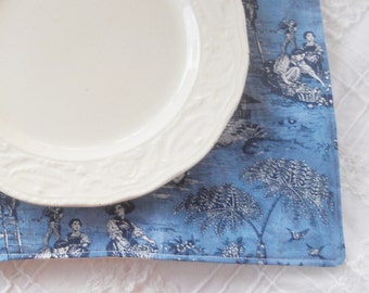 Blue Toile Quilted Placemats, Set of 4, French Shabby Chic, Cottage Style, Custom Order,Cottage Style, Spring Summer Table Decor