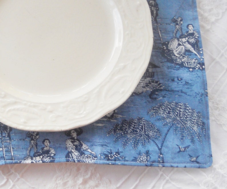Blue Toile Quilted Placemats, Set of 4, French Shabby Chic, Cottage Style, Custom Order,Cottage Style, Spring Summer Table Decor image 1